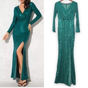 Gorgeous Dark Green Sequin Formal wrap Dress V-neck Long sleeve front Slit curve